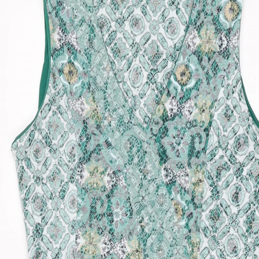 Marks and Spencer Womens Green Geometric Polyester A-Line Size 10 V-Neck Pullover