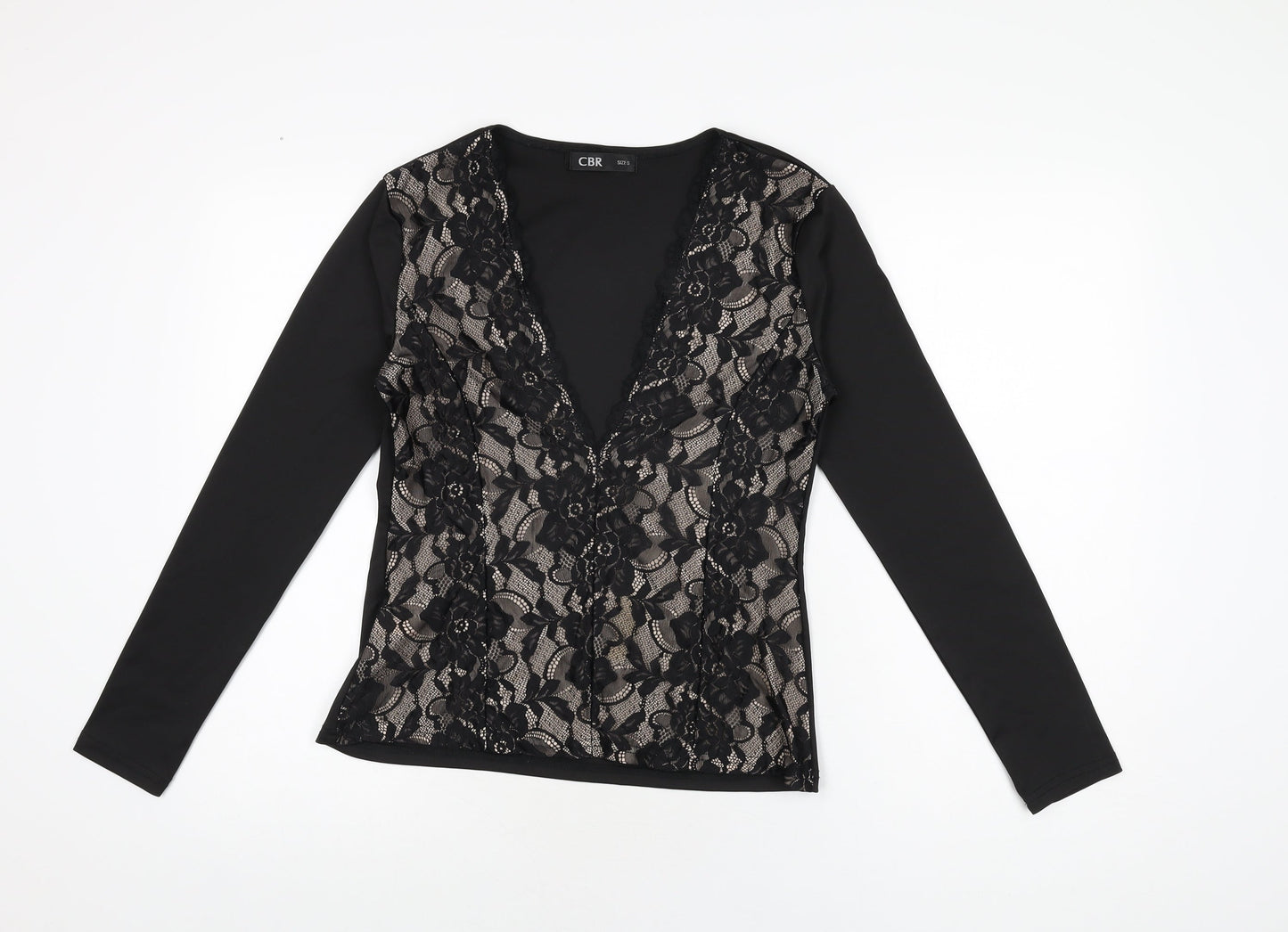CBR Womens Black Floral Cotton Basic T-Shirt Size S V-Neck