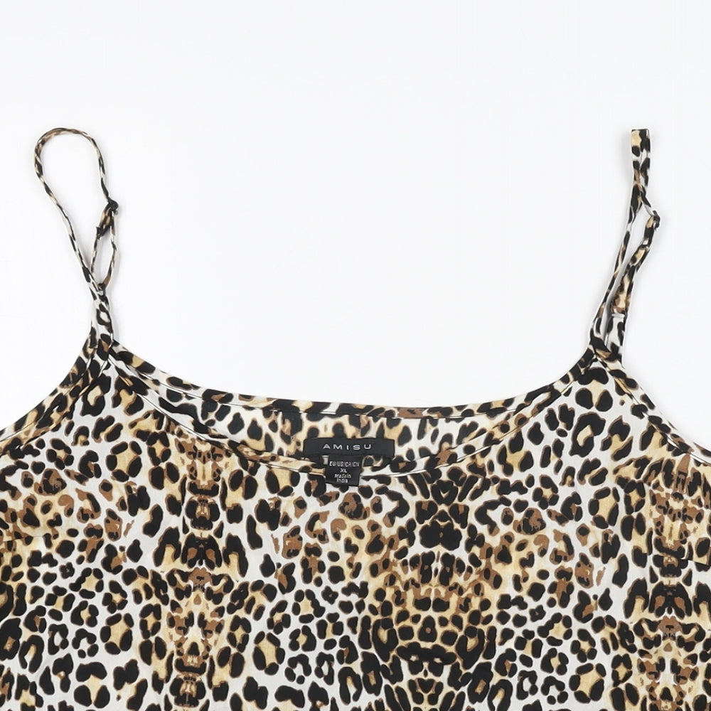 Amisu Womens Beige Animal Print Polyester Camisole T-Shirt Size XL Scoop Neck - Leopard Print