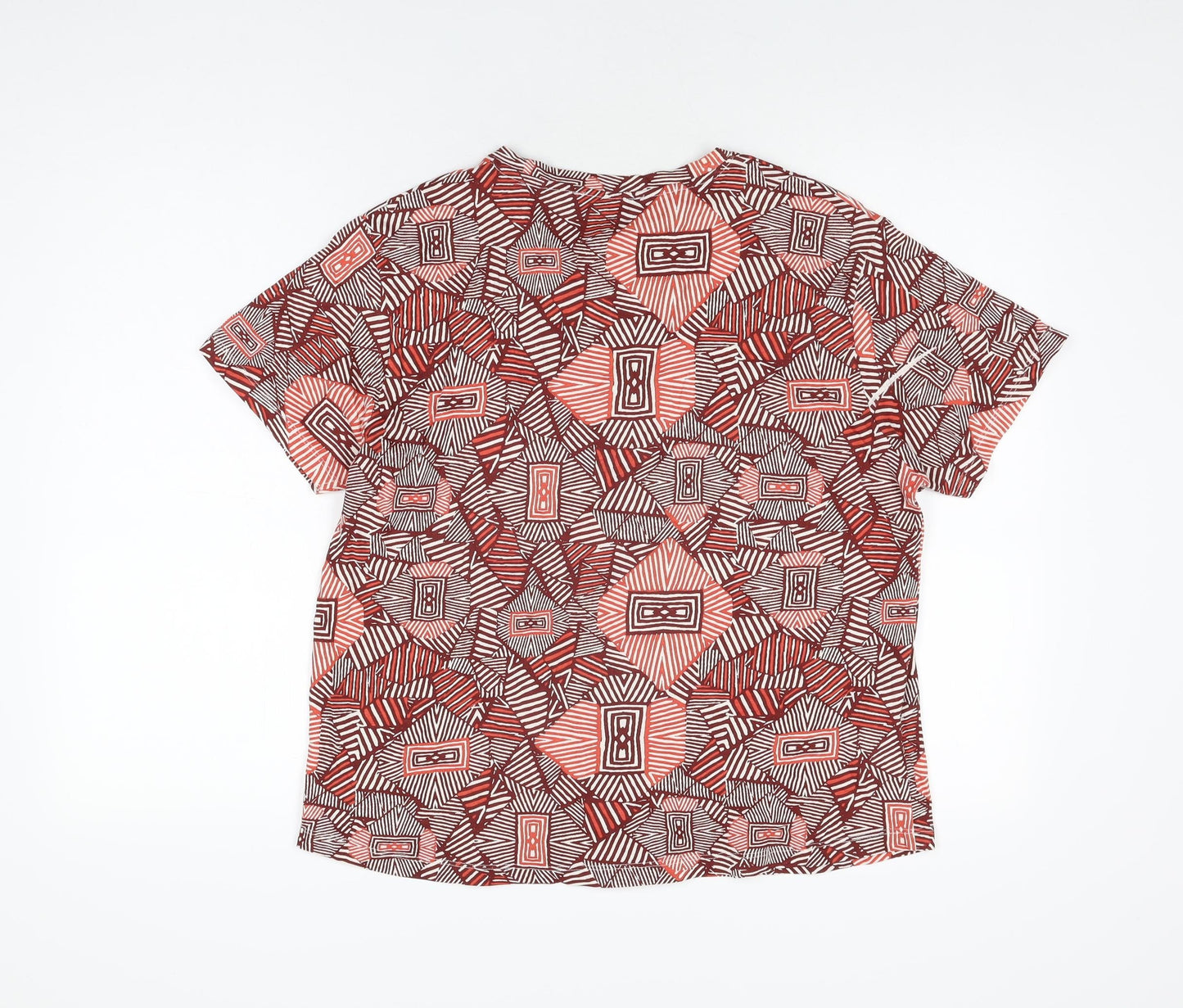 Mango Womens Red Geometric Cotton Basic T-Shirt Size L Round Neck