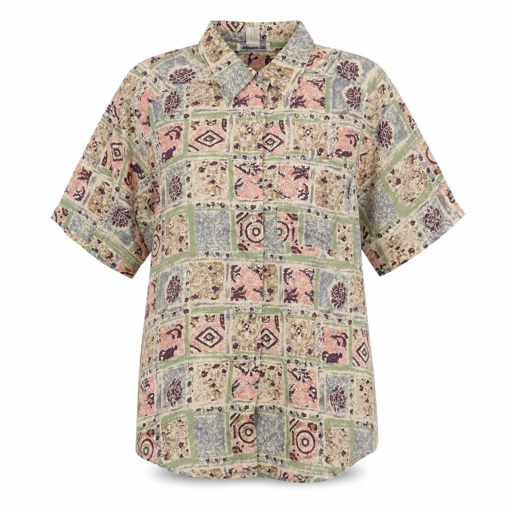 Anna and Frank Womens Multicoloured Geometric Silk Basic Button-Up Size M Collared