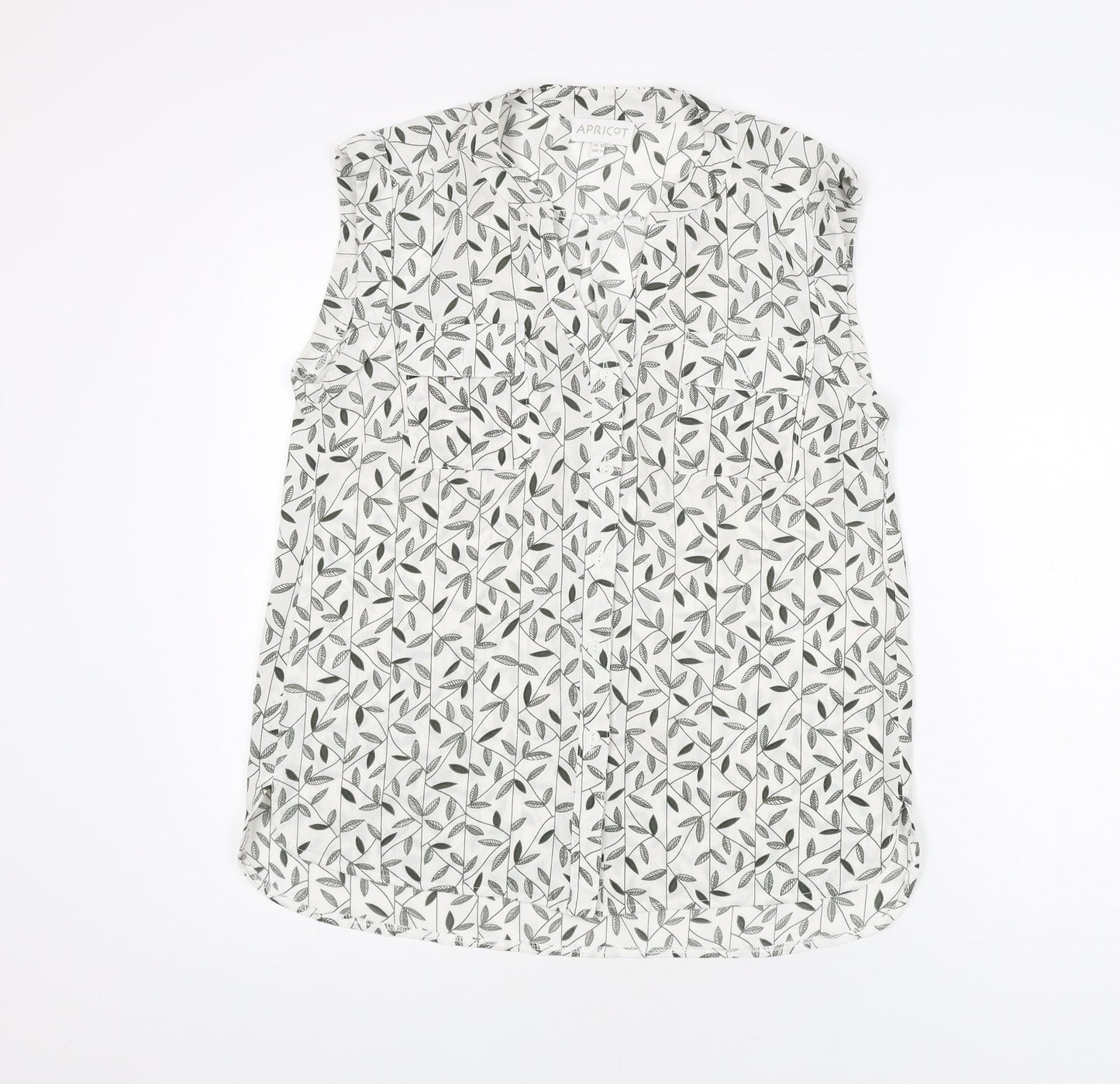 Apricot Womens White Geometric Polyester Basic Button-Up Size 10 V-Neck - Leaf Print