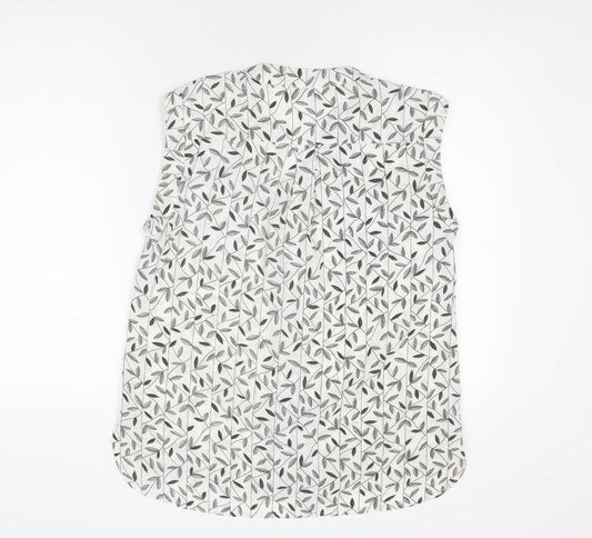 Apricot Womens White Geometric Polyester Basic Button-Up Size 10 V-Neck - Leaf Print