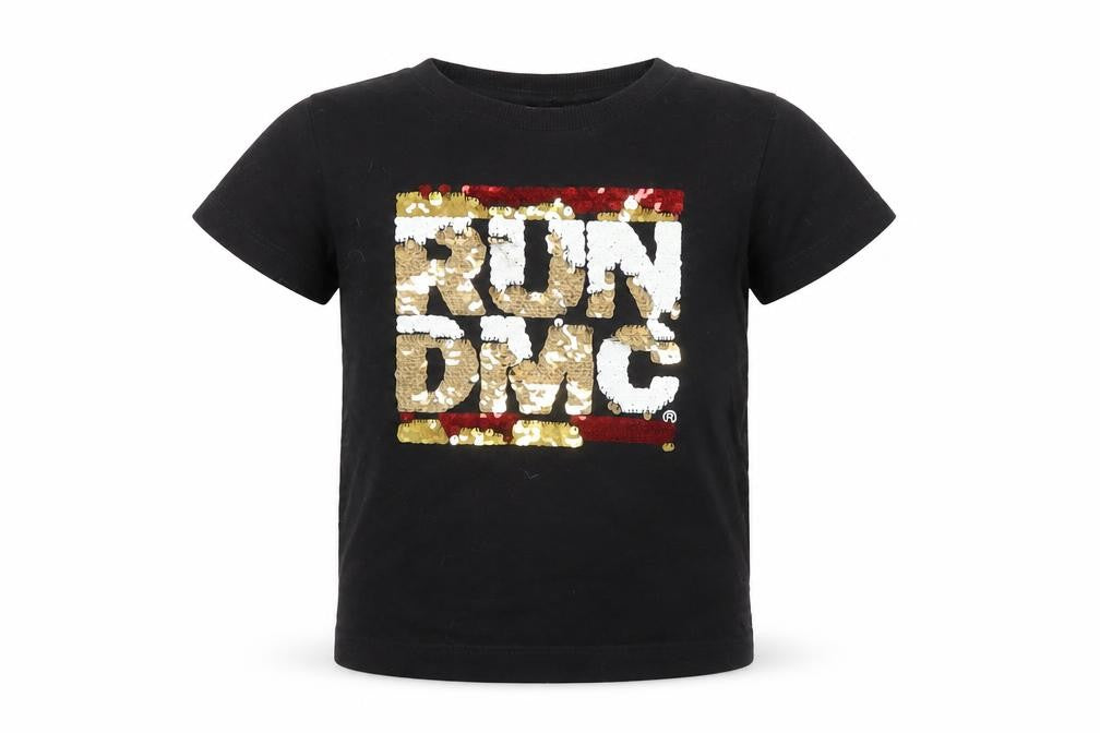 Front view of Run DMC Baby Black Cotton Basic T-Shirt, size 12-18, Months Round Neck Pullover - Reversible Sequins