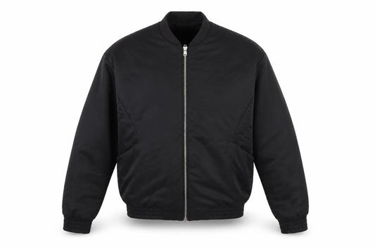 Front view of ASOS men’s black bomber jacket coat, size S, zip
