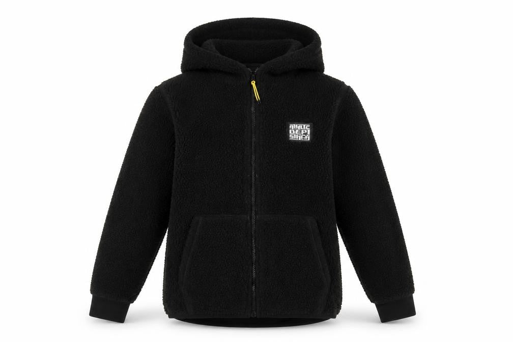 Front view of H&M boys’ black jacket, size 10-11, years zip