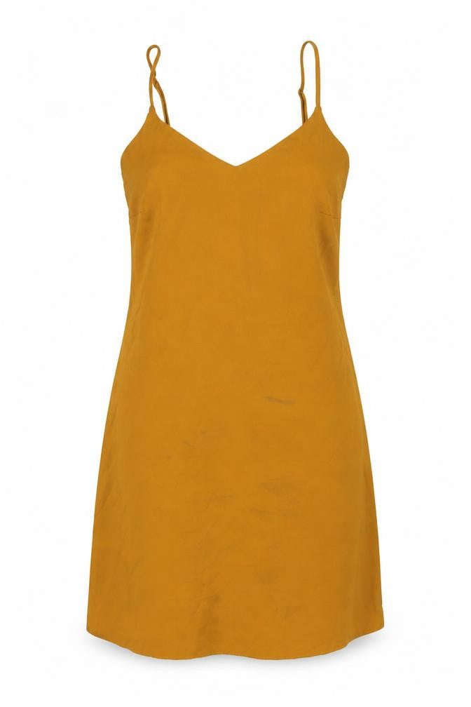 Front view of Missguided women’s yellow polyester slip dress, size UK 10, v-neck pullover
