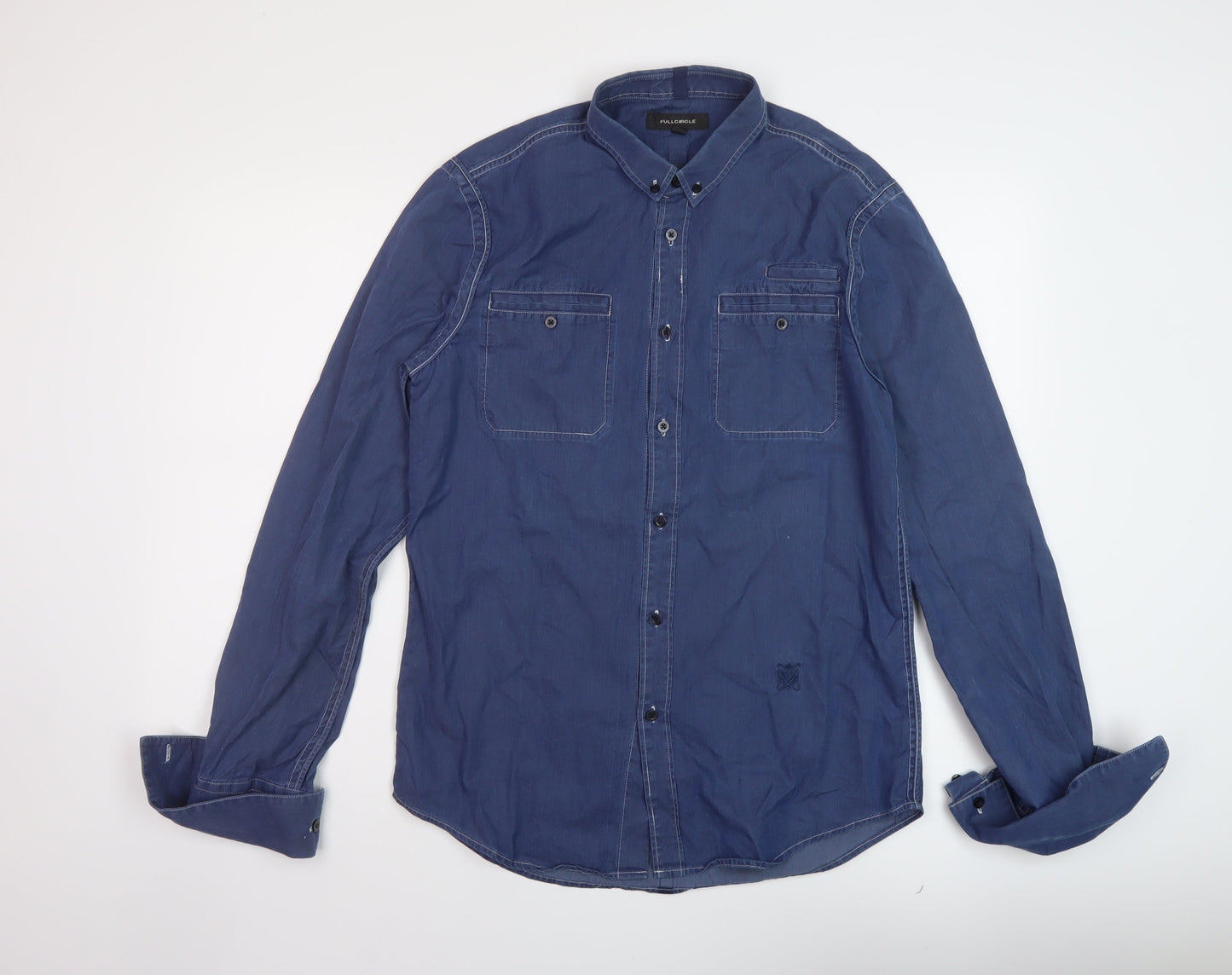 Full Circle Mens Blue Cotton Button-Up Size M Collared Button