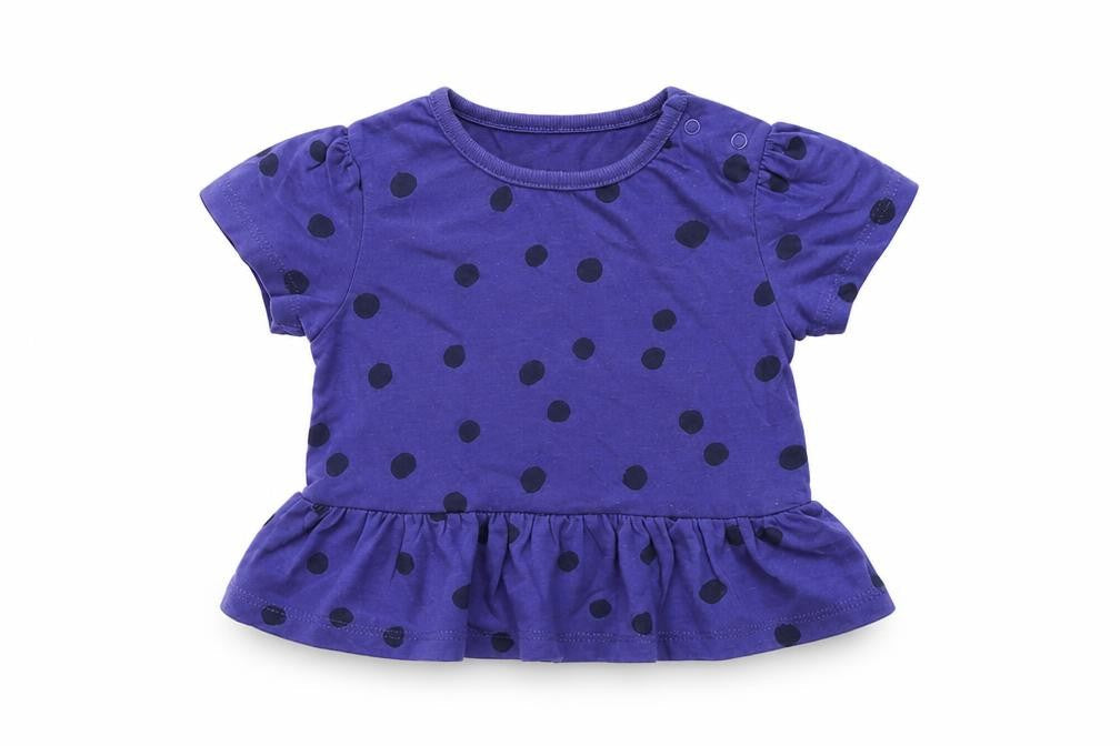 Front view of Marks & Spencer girls’ black polka dot cotton basic t-shirt, size 6-9, months crew neck snap