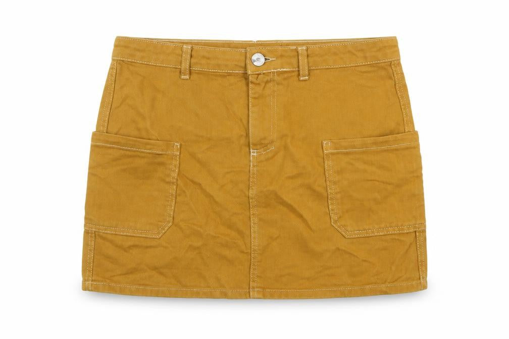 Front view of BDG women’s brown cotton mini skirt, size M, button