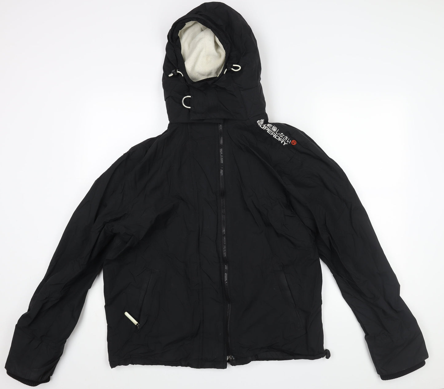Superdry Mens Black Rain Coat Coat Size XL Zip - Logo Drawstring Fleece Lined