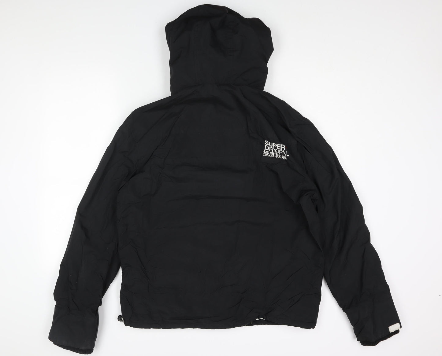 Superdry Mens Black Rain Coat Coat Size XL Zip - Logo Drawstring Fleece Lined