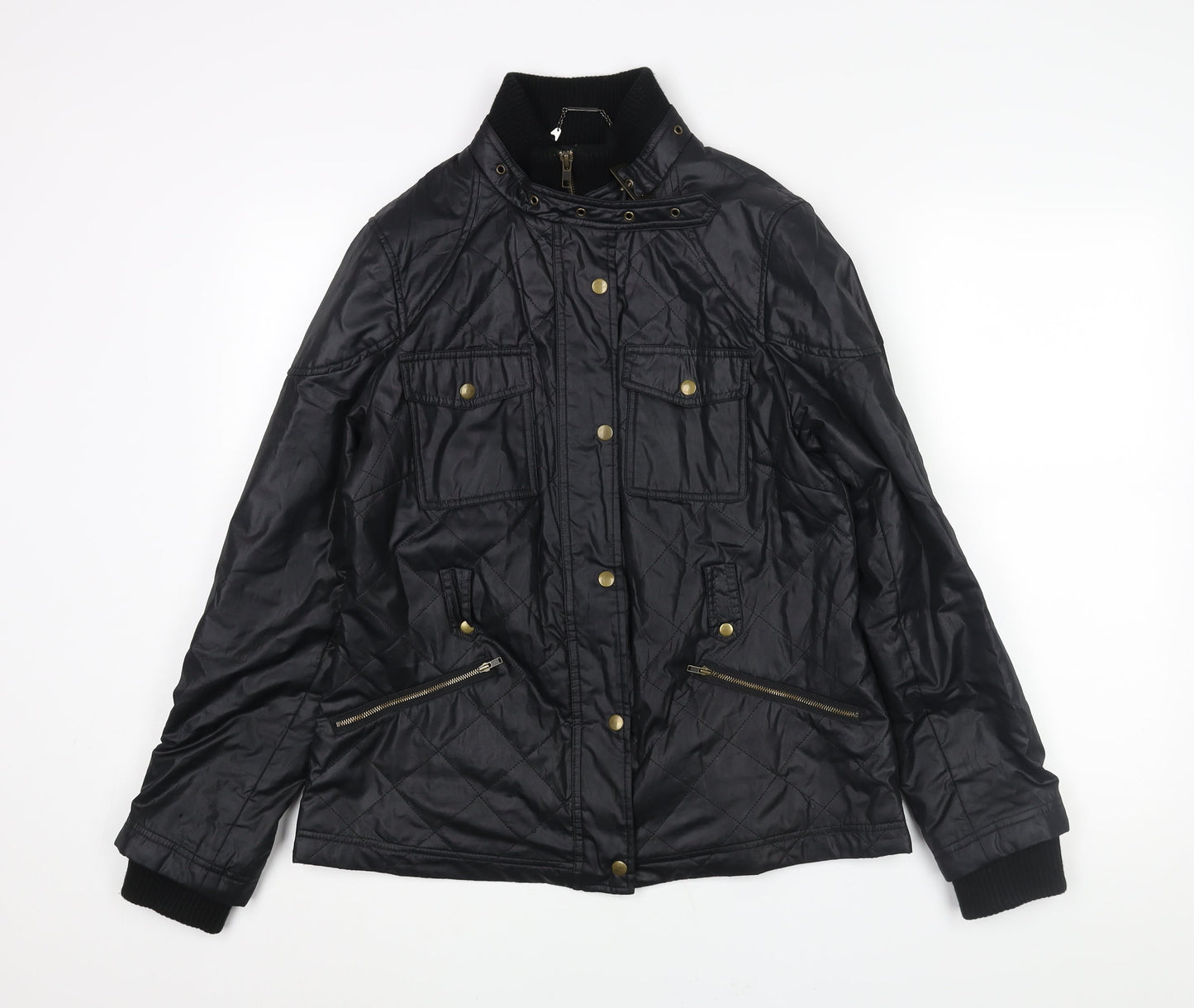 Marks and Spencer Womens Black Quilted Jacket Size 12 Zip - Pockets Buckle
