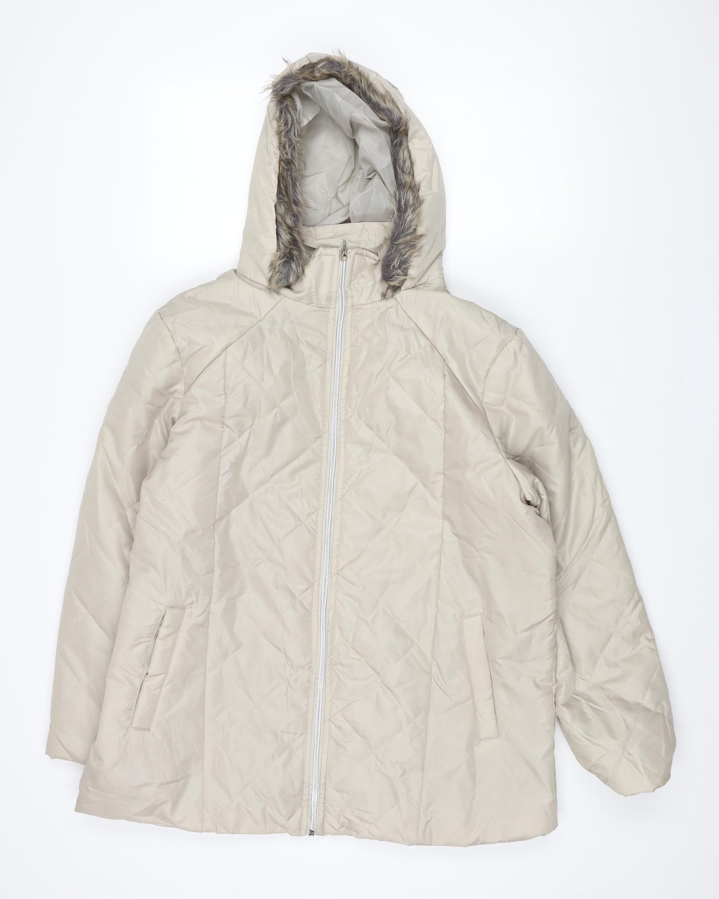 Anne De Lancay Womens Beige Parka Coat Size M Zip - Faux Fur Hood