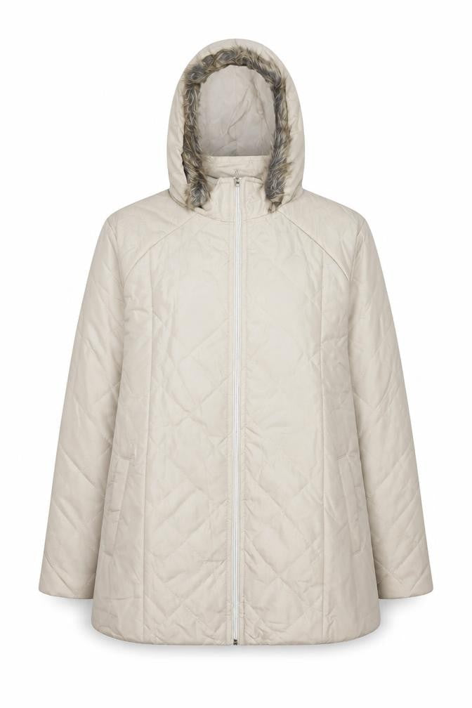 Front view of Anne De Lancay women’s beige parka coat, size M, zip - faux fur hood