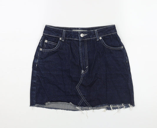 Topshop Womens Blue Cotton A-Line Skirt Size 8 Zip - Raw Hem