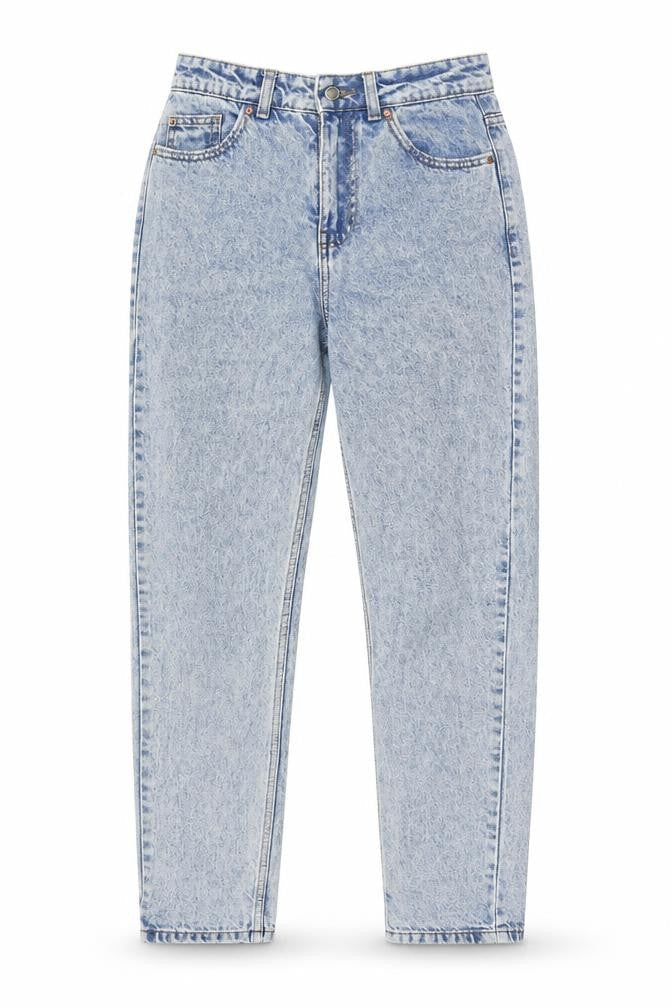 Front view of Denim & Co. women’s blue cotton mom jeans, size UK 6, 30-inch leg regular zip
