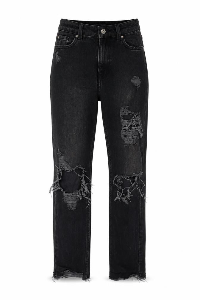 Front view of Denim & Co. women’s black cotton straight jeans, size UK 4, 28-inch leg regular zip