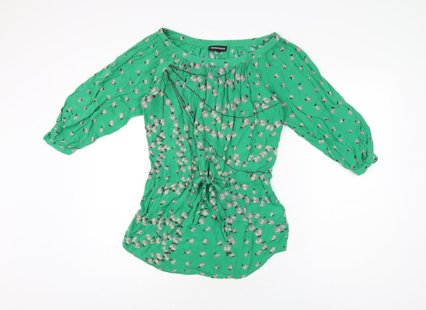 Warehouse Womens Green Floral Viscose Basic T-Shirt Size 8 Scoop Neck