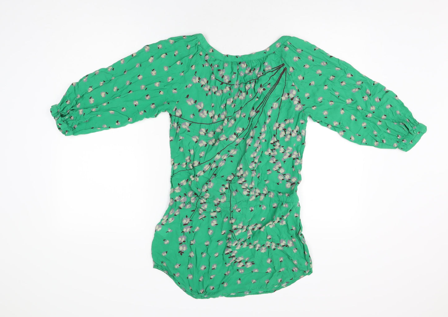 Warehouse Womens Green Floral Viscose Basic T-Shirt Size 8 Scoop Neck