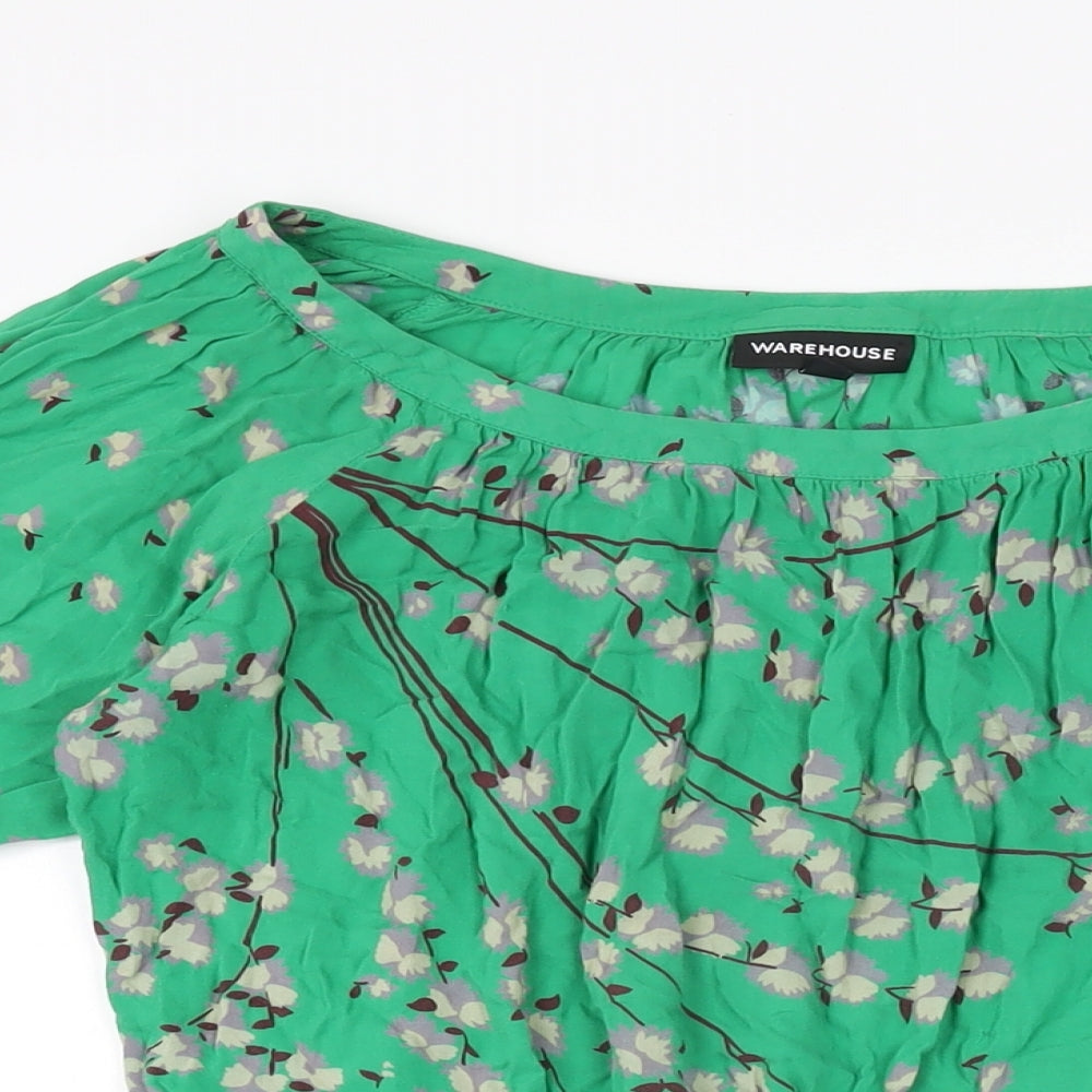 Warehouse Womens Green Floral Viscose Basic T-Shirt Size 8 Scoop Neck