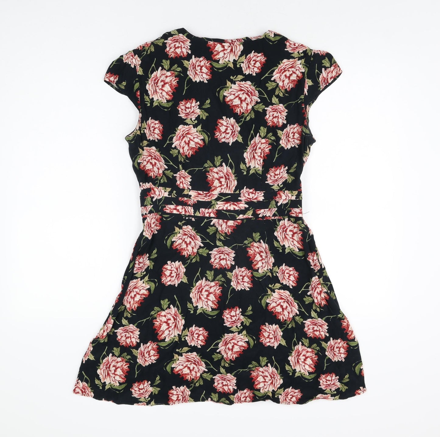 Topshop Womens Black Floral Viscose Skater Dress Size 12 V-Neck Button