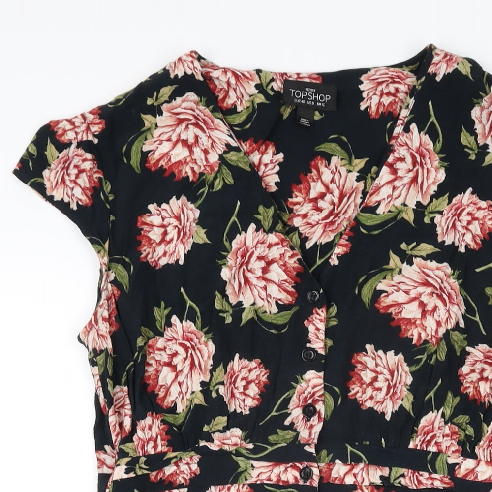 Topshop Womens Black Floral Viscose Skater Dress Size 12 V-Neck Button