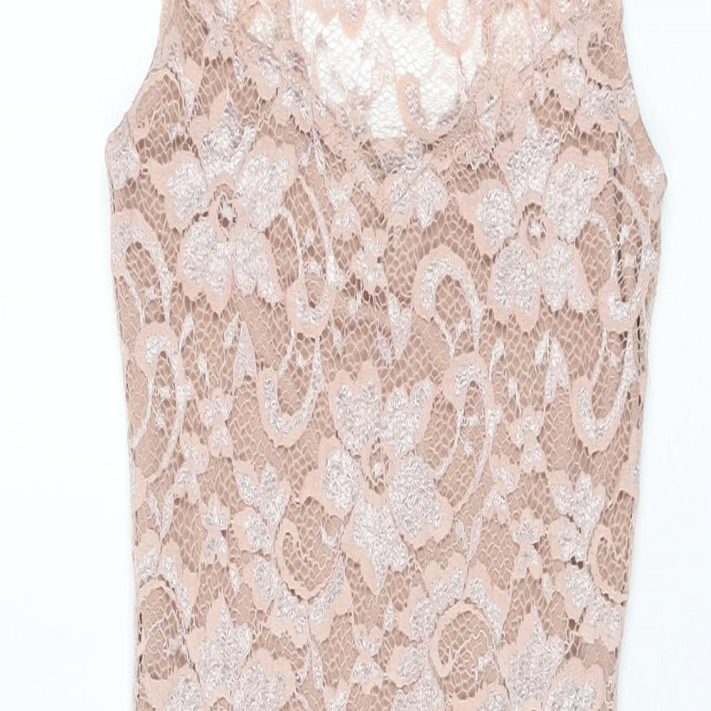 Amy Childs Womens Pink Floral Nylon Bodycon Size 8 Round Neck Button