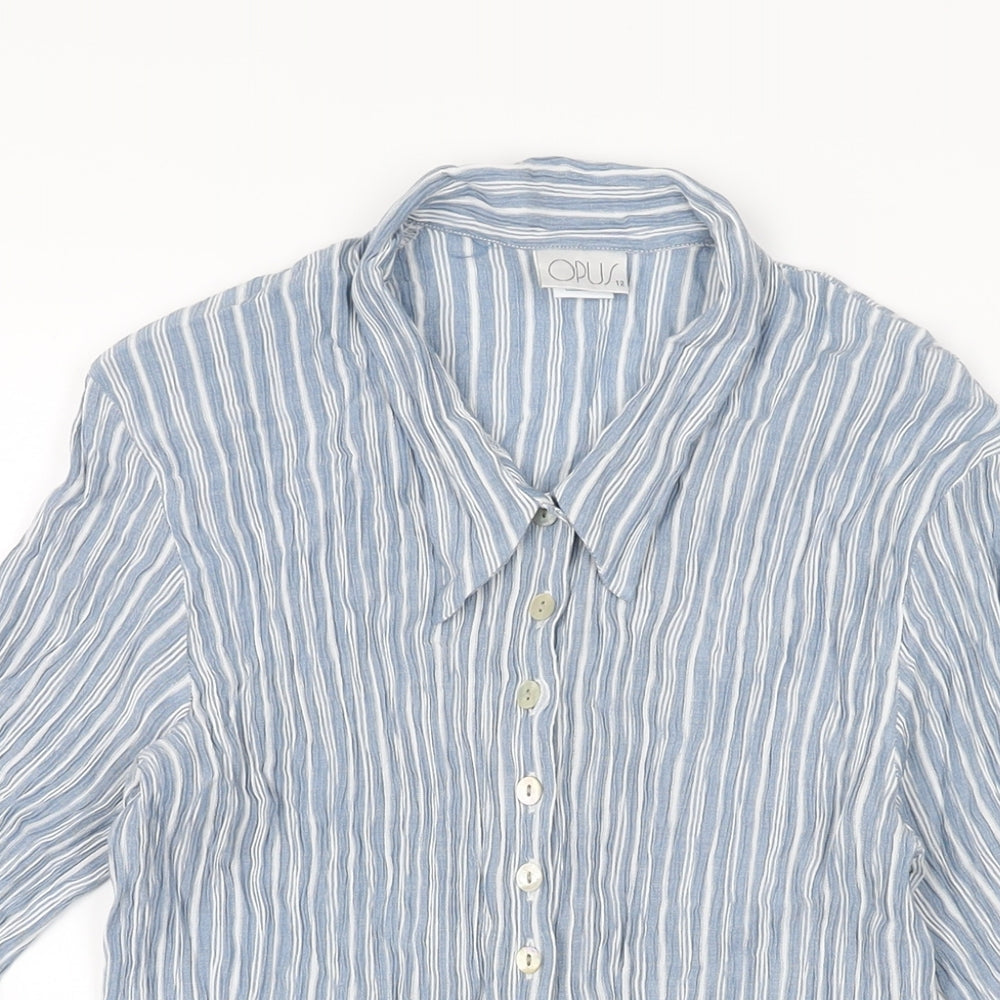 OPUS Womens Blue Striped Viscose Basic Button-Up Size 12 Collared