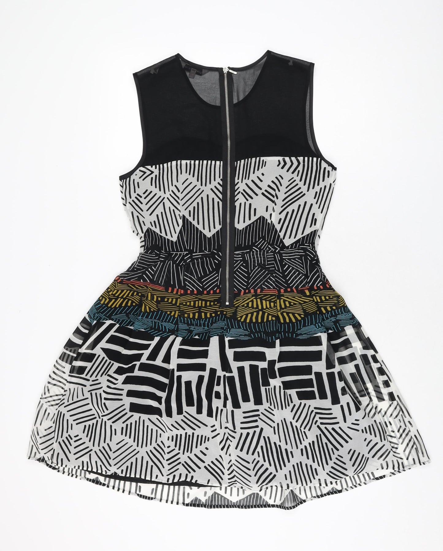 Marks and Spencer Womens Multicoloured Geometric Polyester Skater Dress Size 10 Round Neck Zip