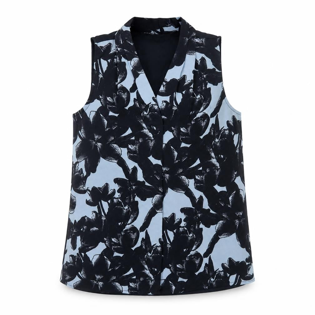 Front view of b.young women’s blue polyester basic blouse, size UK 6, v-neck - floral print