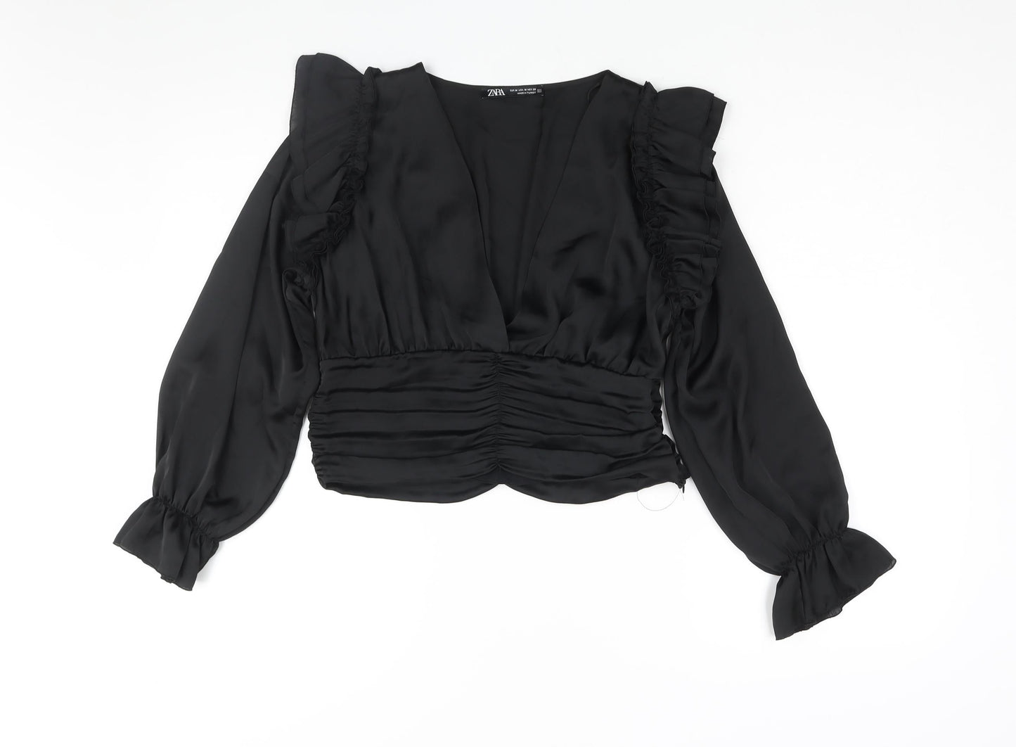 Zara Womens Black Polyester Cropped Blouse Size M V-Neck - Frill Rouched