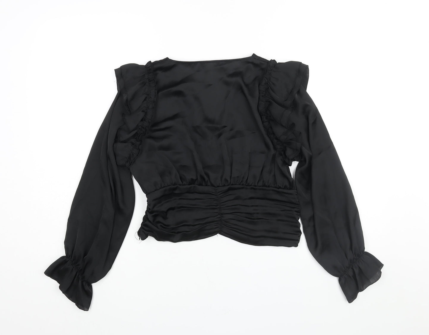 Zara Womens Black Polyester Cropped Blouse Size M V-Neck - Frill Rouched