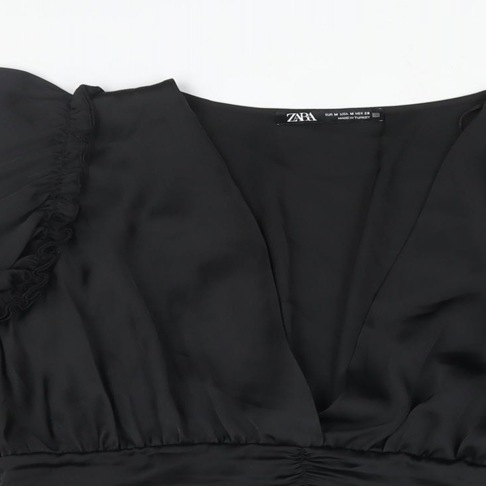 Zara Womens Black Polyester Cropped Blouse Size M V-Neck - Frill Rouched