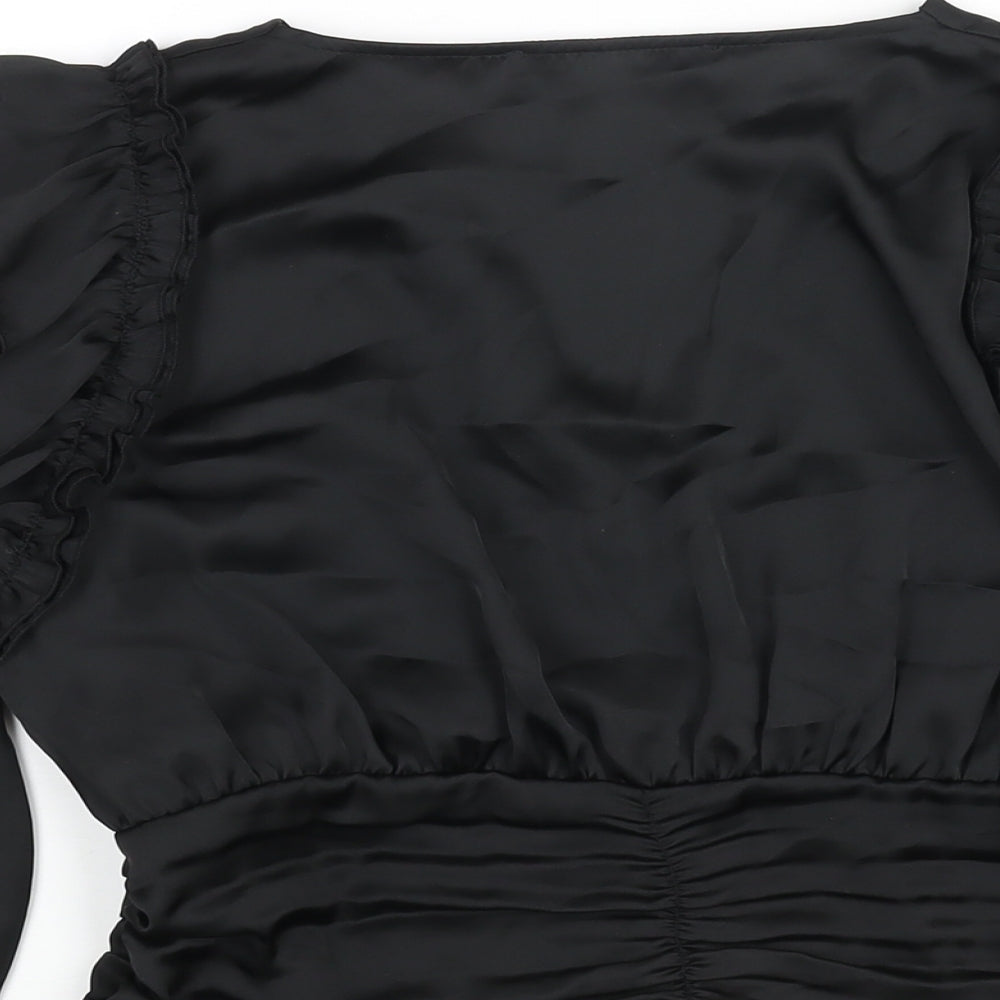 Zara Womens Black Polyester Cropped Blouse Size M V-Neck - Frill Rouched