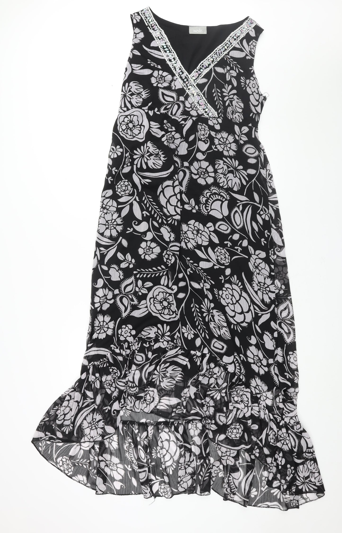 Wallis Womens Black Floral Polyester Maxi Size 14 V-Neck Pullover - Belted Frill Deading Detail