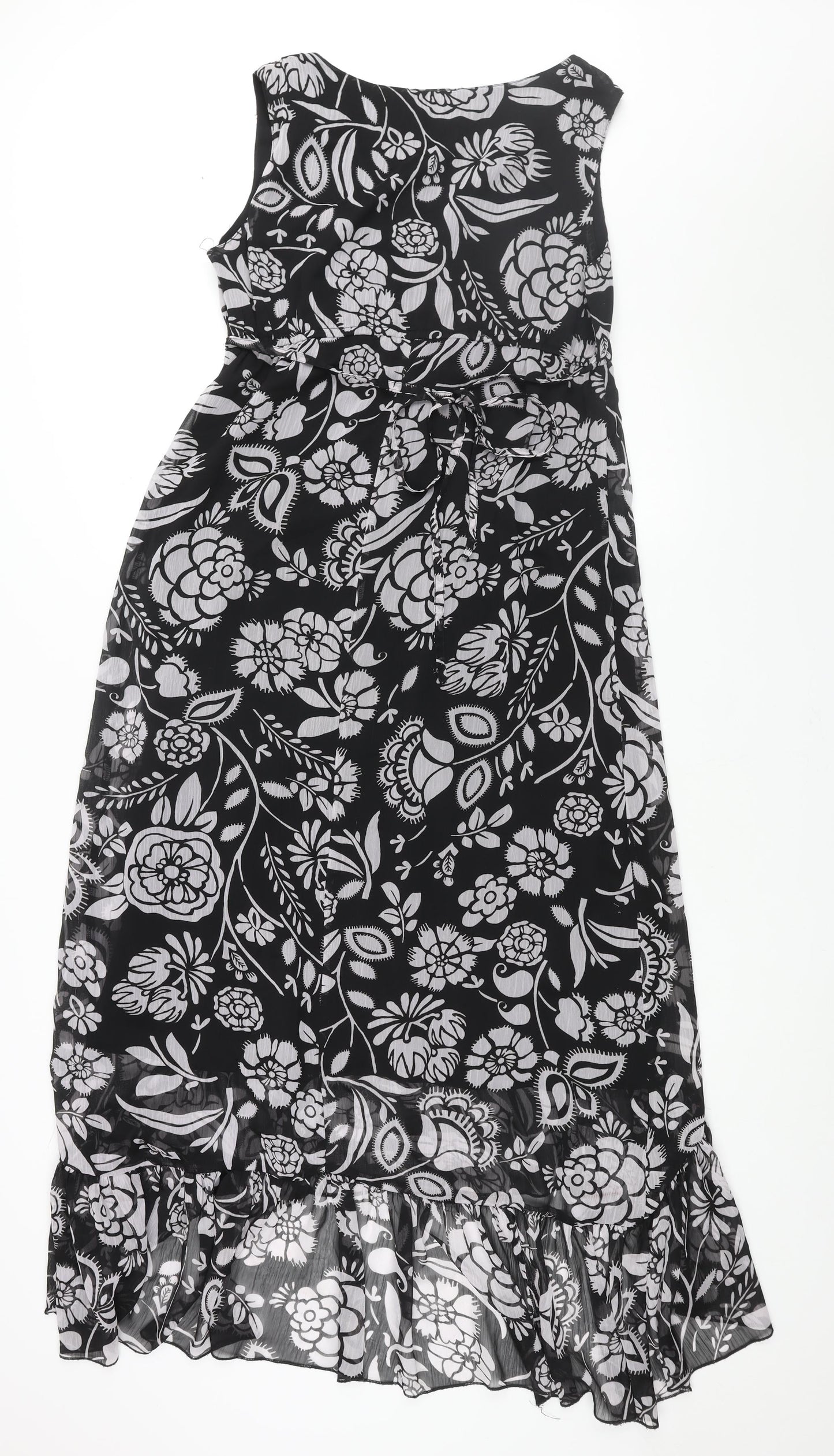 Wallis Womens Black Floral Polyester Maxi Size 14 V-Neck Pullover - Belted Frill Deading Detail