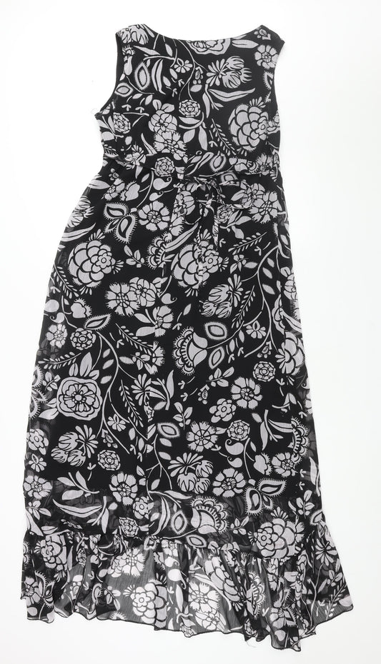 Wallis Womens Black Floral Polyester Maxi Size 14 V-Neck Pullover - Belted Frill Deading Detail