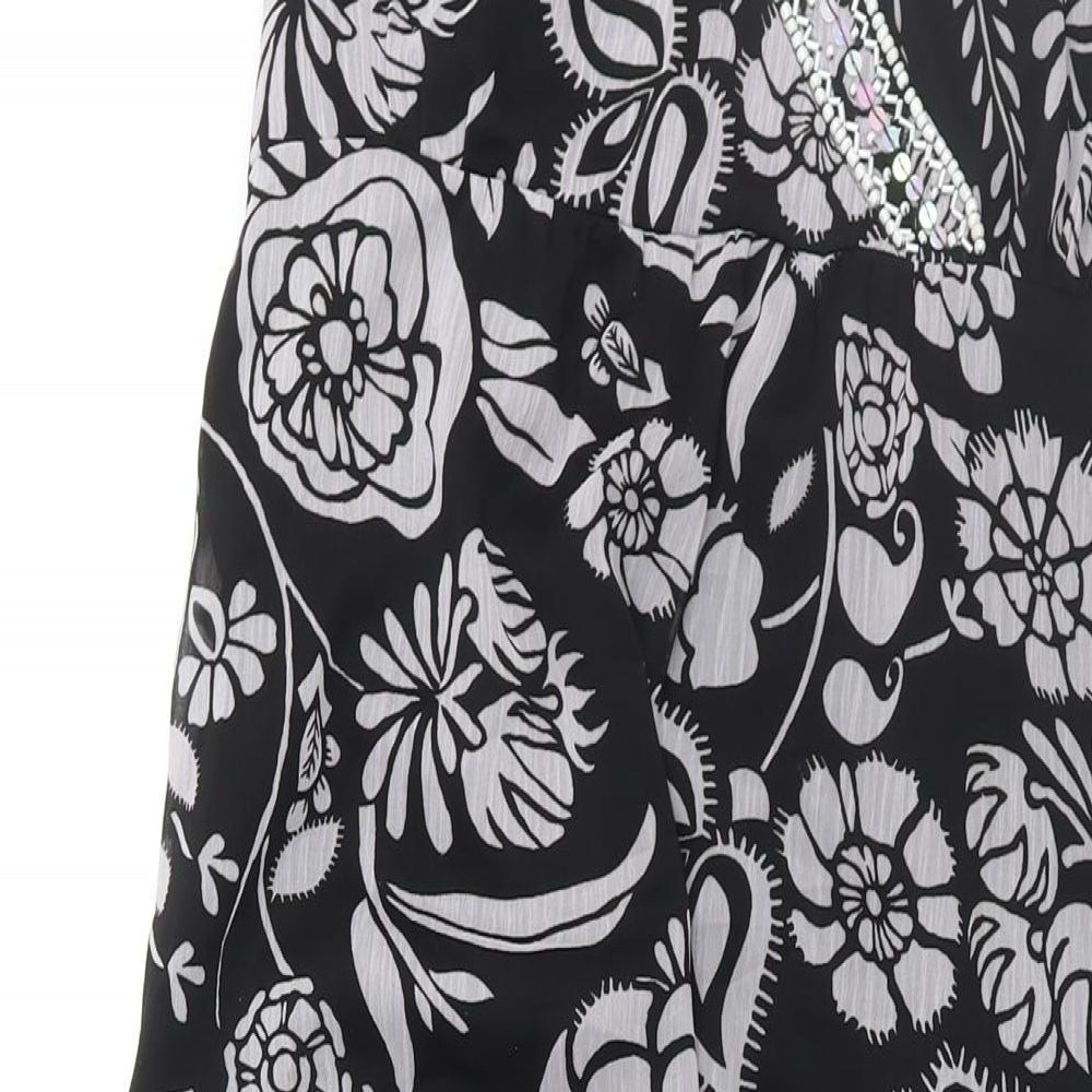Wallis Womens Black Floral Polyester Maxi Size 14 V-Neck Pullover - Belted Frill Deading Detail