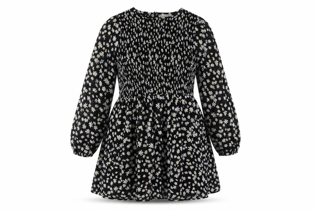 Front view of ASOS women’s black floral polyester a-line, size UK 8, round neck zip - rouched bodice