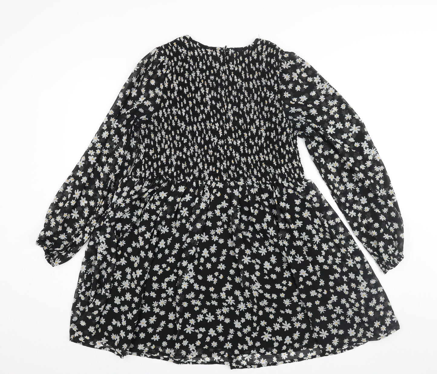 ASOS Womens Black Floral Polyester A-Line Size 8 Round Neck Zip - Rouched Bodice