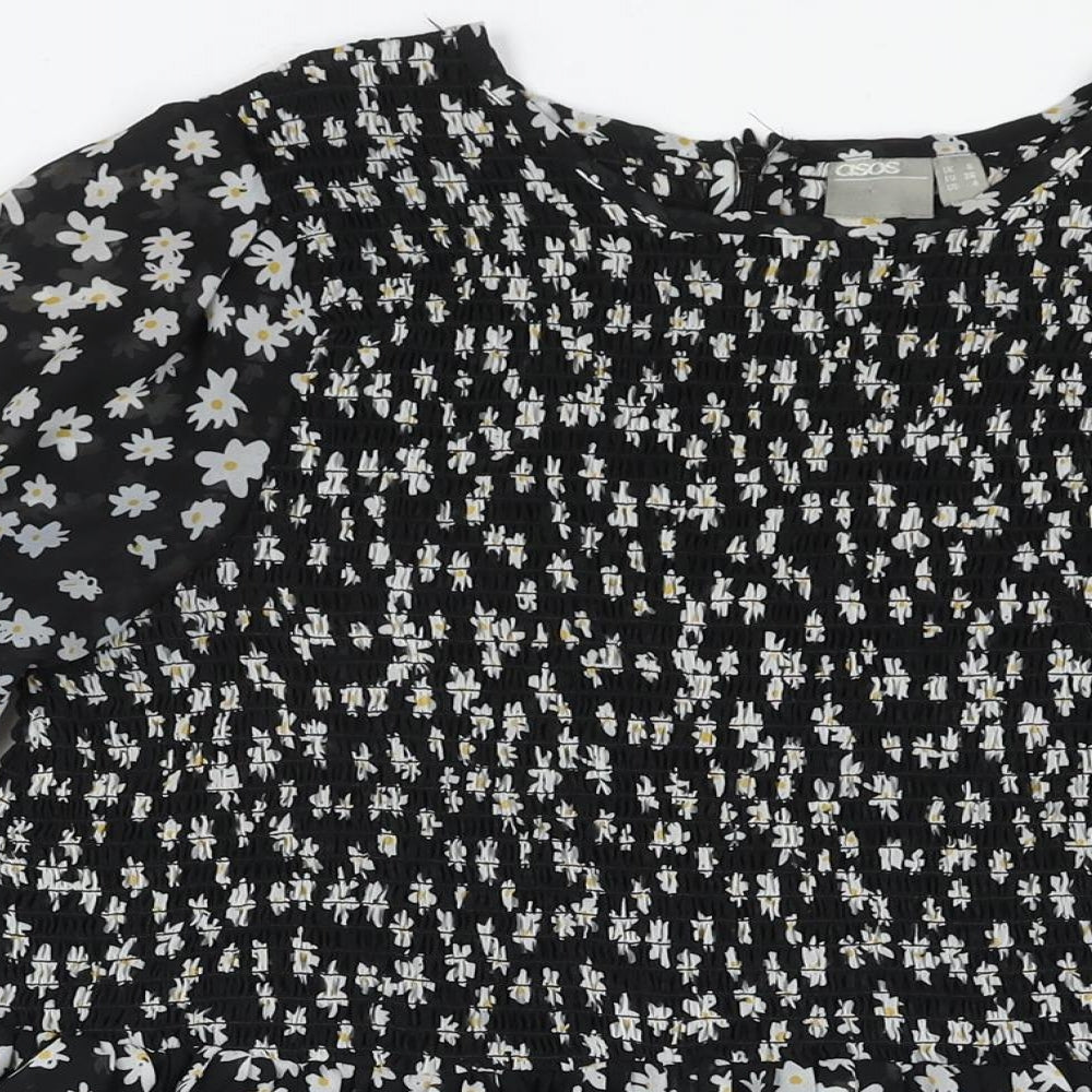 ASOS Womens Black Floral Polyester A-Line Size 8 Round Neck Zip - Rouched Bodice