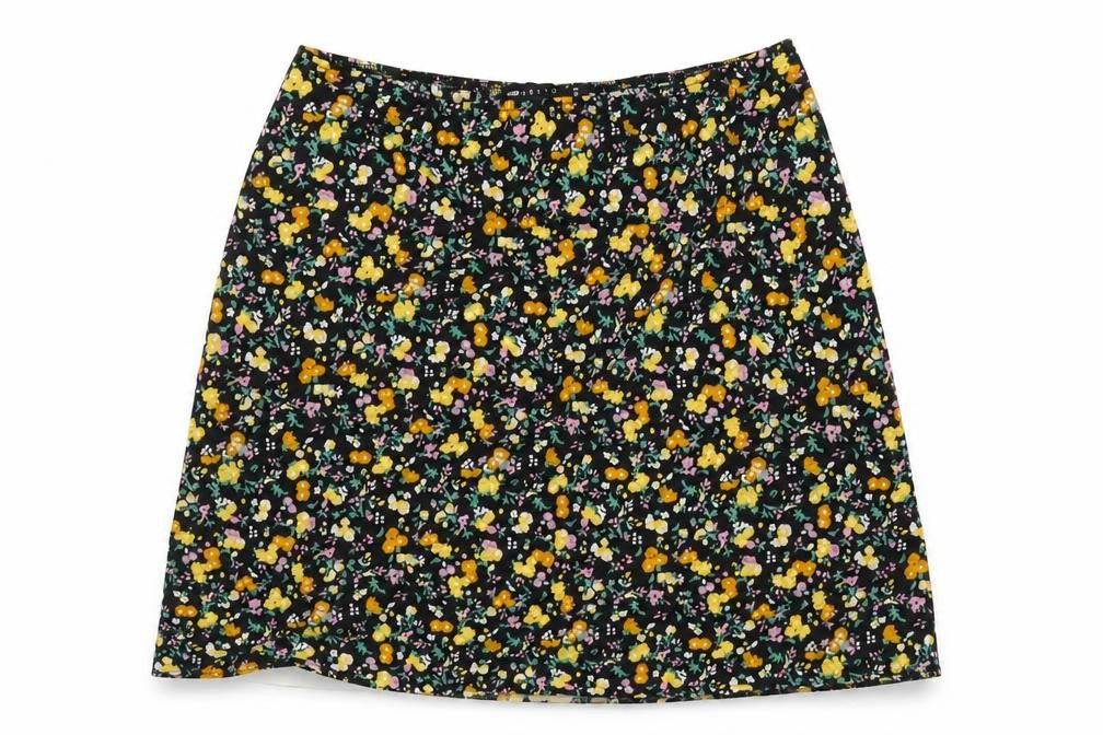 Front view of ASOS women’s multicoloured floral viscose a-line skirt, size UK 4, - elasticated waist