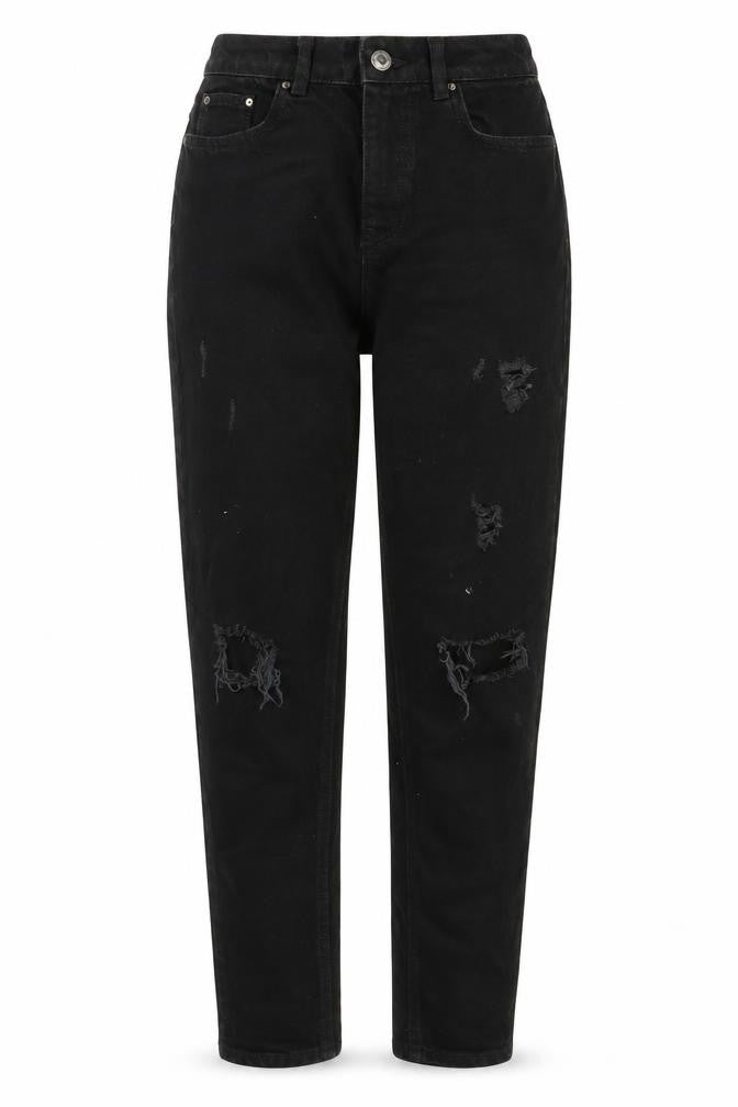 Front view of Denim & Co. women’s black cotton tapered jeans, size UK 6, 29-inch leg regular zip