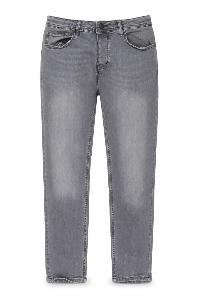 Front view of Denim & Co. men’s grey cotton straight jeans, size 32, in, 30-inch leg slim button