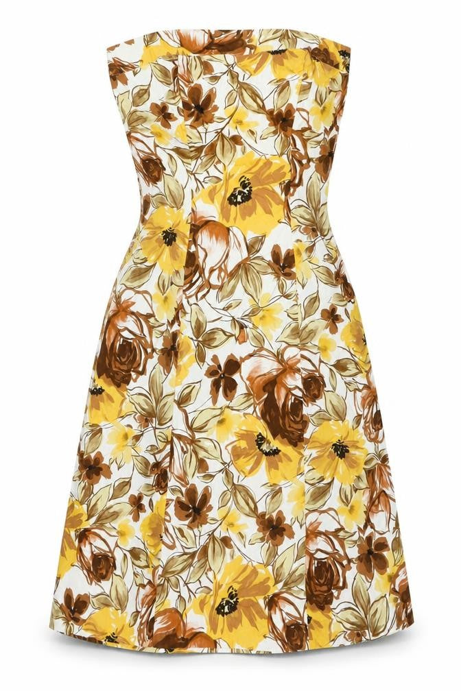 Wallis Womens Brown Floral Cotton A-Line Size 10 Square Neck Zip - Strapless
