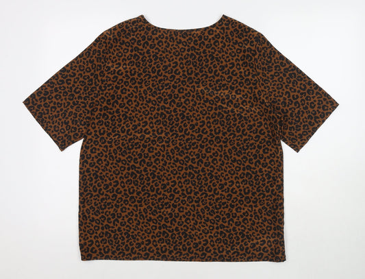 St Michael Womens Brown Animal Print Polyester Basic Blouse Size 14 Round Neck