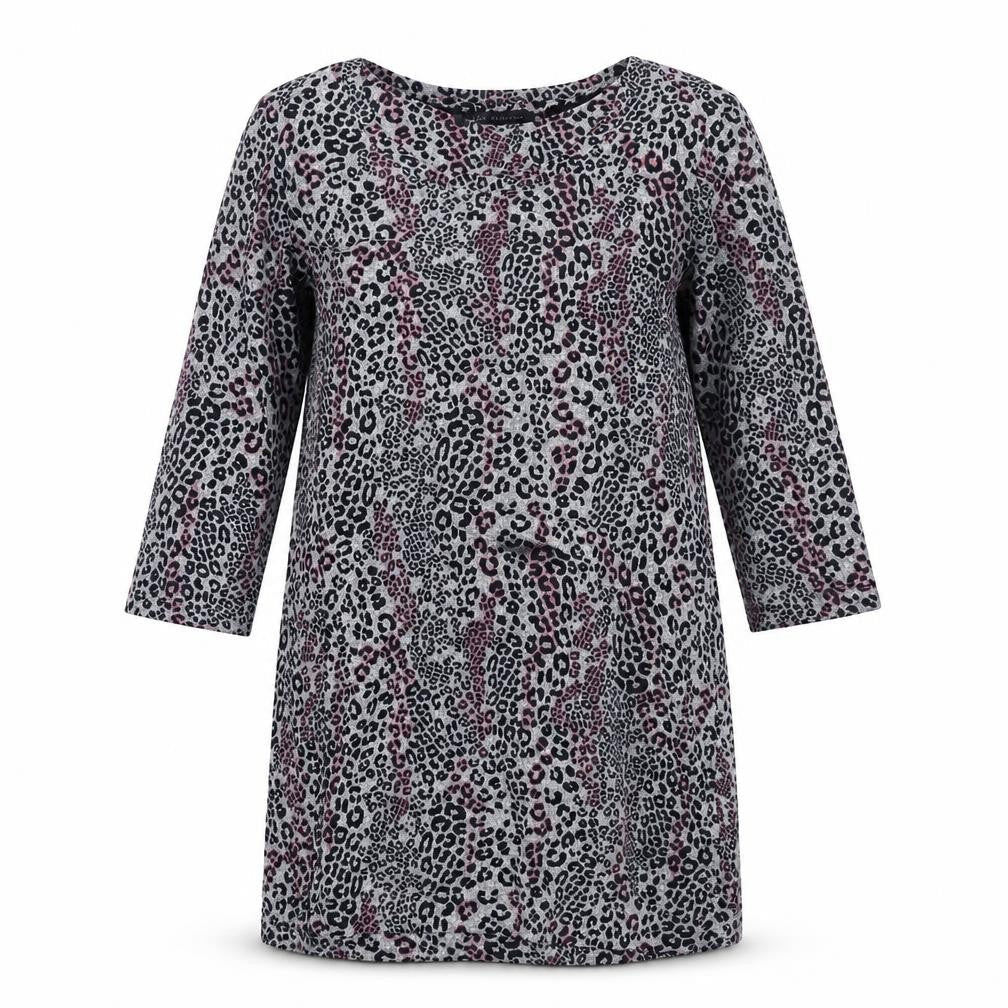 Marks and Spencer Womens Grey Round Neck Animal Print Polyester Tunic Jumper Size 12 - Leopard Print