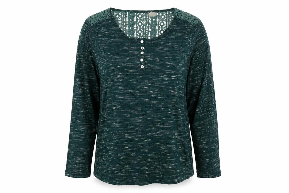 Front view of Denim & Co. women’s green cotton basic blouse, size UK 18, round neck
