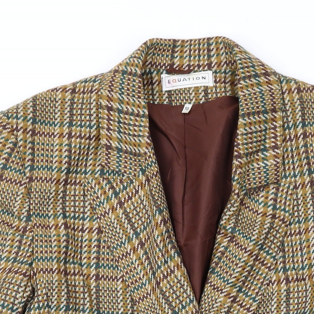 Equation Womens Brown Plaid Jacket Blazer Size 10 Button